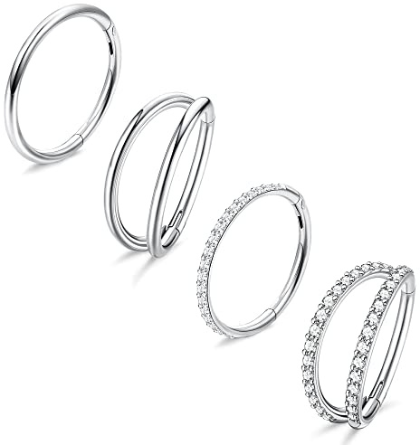 Dochais 4 Stück Nasenpiercing Ring Nasenring 316L Chirurgenstahl Nasenringe Hoop Nose Ringe Conch Helix Rook Septum Tragus Lobe Ring Piercing Ohrringe Set für Damen Männer Silber 10mm 20G