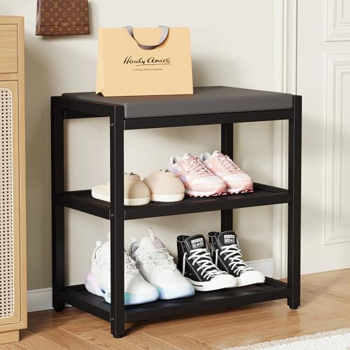 ZHOOGE Skobänk med sits, sittbänk, sittkista, skohylla med 2 gallerhyllor för entré, hall, vardagsrum, metallram, kan belastas upp till 150 kg, 47 x 30 x 43 cm, svart
