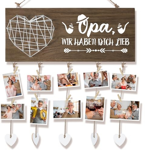 Belillpipi Geschenke für Opa: Opas Geburtstagsgeschenk - Holzschild mit Fotoseil und Holzpflöcke, Wand-Bilderrahmen Dekoration, Vatertagsgeschenk: 'Opa, Wir Haben Dich Lieb'