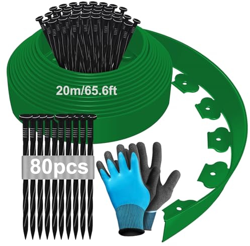 20 m x 5 cm flexibel gräskant av plast, rabattkant, rabattgräns, klippkant, gatstenar, palisad med markankare och handskar – grön 20 m