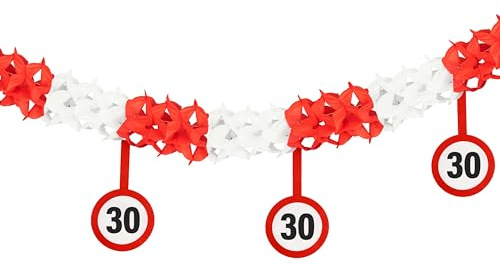 Tiwoca Deko zum 30. Geburtstag - rot-weiße Girlande mit Verkehrszeichen | 400cm lange, gebauschte Girlande aus Papier und Pappe mit 12 Schildern in Verkehrszeichen-Optik zum Aufhängen
