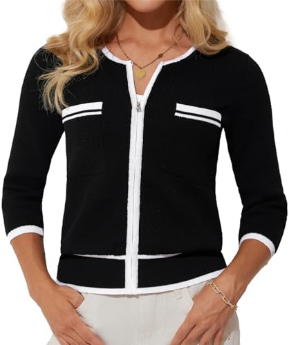 GRACE KARIN Women Business Urlaub Leicht Gestrickt Jacke Basic Reißverschluss Cardigan in Kontrastfarbe Schwarz XXL