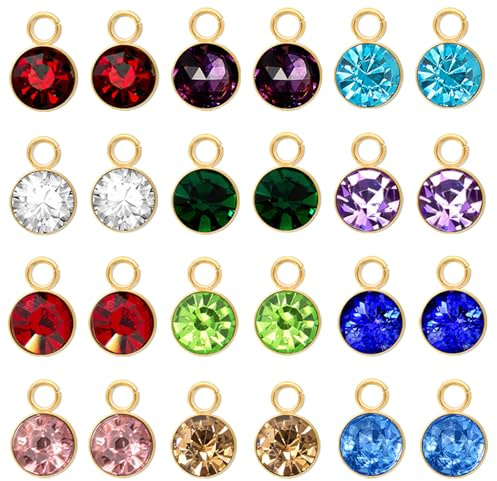 VTOS Glas-Strass-Charms, 48 Stück, 12 Farben, Geburtssteinperlen, Kristall, Dangle Herzanhänger, für Schmuck, Ohrringe, Halskette, Armband (Gold, Round)