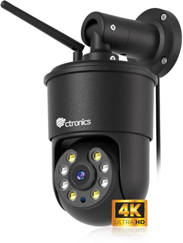 Ctronics 4K Caméra Surveillance WiFi Extérieure, Suivi Automatique | 30m Vision Nocturne Couleur, PC/App,NVR/FTP, 5/2.4Ghz WiFi, Détection Humaine/Véhicule/Animal, 256GB TF/Cloud [Tout-Métal]