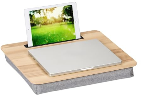 Relaxdays Soporte para Portátil con Ranura para Móvil, 46 x 35 cm, Bandeja Ordenador Laptop, Cama y Sofá, Natural/Gris