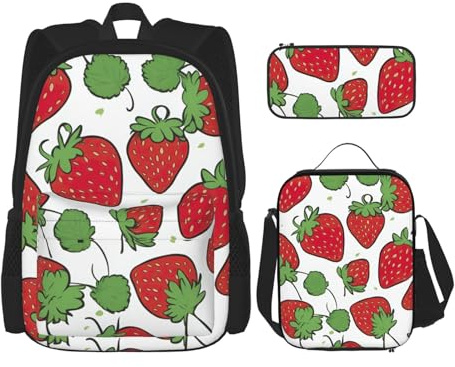 OXKGHHO Juego de mochila de trabajo con estampado de fresa con lonchera aislada, correas ajustables, para gimnasio y uso diario, Negro -, Talla única