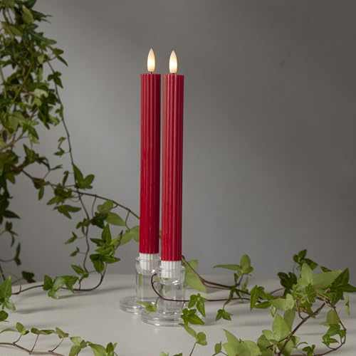 LED-Stabkerze 'Flamme Stripe', 2er Set, Echtwachs, natürliche Flamme, Warmweiss, Rot, Batterie, Timer, 25cm