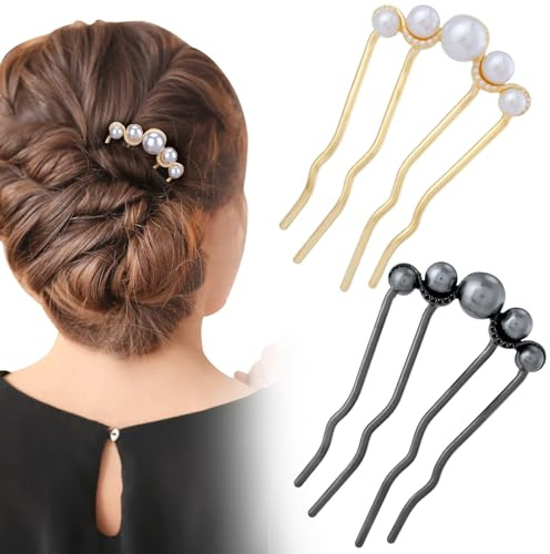Alpinleux 2 Pcs Pearl Hair Pins U Shaped, Elegant Vintage French Pearl Hair Comb, French Twist Hair Pin for Brides, Bridesmaid, Party, Daily, Holiday (Gold, Gun Black)