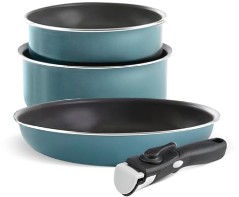 QDESIGN Lot de 2 Casseroles et sauteuse en Aluminium anti-adhésif sans PFOA, poignée amovible - tous feux dont induction - Compatible four lave-vaiselle et frigo - Bleu orage, Empilables 16/20/24cm