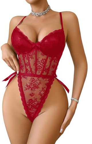 Avidlove Lingerie Sexy Lace Teddy One Piece Bodysuit Open Back Lingerie NightieWine RedMedium