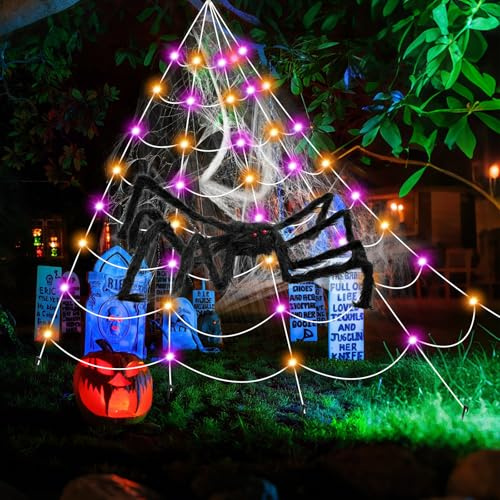 TRIXES GIANT LIGHT-UP SPIDERS WEB AND SPIDER – XL HALLOWEEN DECORATION – PRE-LIT PURPLE AND ORANGE LEDs – EYE-CATCHING INDOOR/OUTDOOR DECORATION