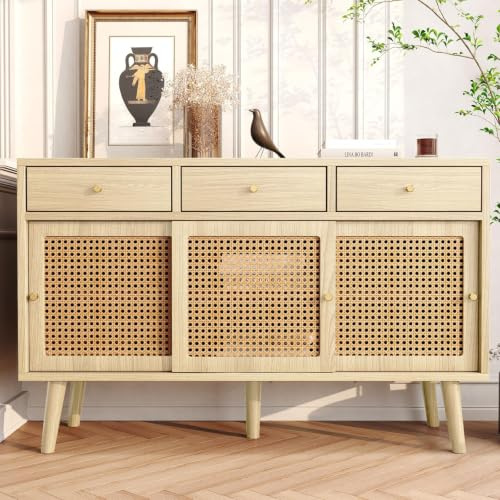 Sideboard 120 Breit, Kommode mit Schubladen und Schiebetüren, Anrichte mit Rattan-Fronten, Wohnzimmerschrank aus Holz, Wohnzimmer, Esszimmer, Landhausstil, Naturfarbe, 120x40x78cm (120x40x78cm)