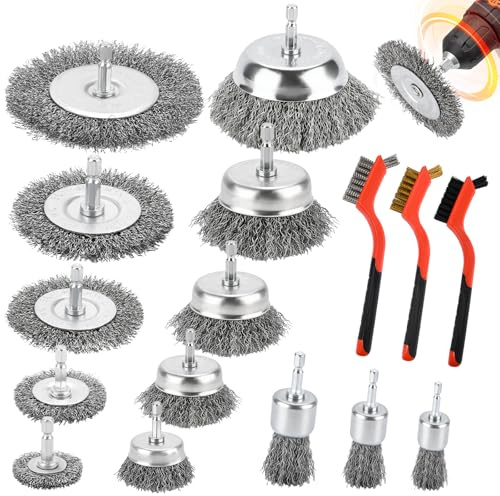 BBWELL 19PCS Cepillo de Alambre para Taladro,Juego de Cepillos de Alambre de Acero,6.35 Mm Metalico Limpieza,Cepillos Metálicos en Acero Decapante Madera y Metal,Profesionales para Pulir y Lijar