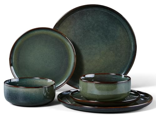 HaWare 6 Piece Dinner Set, Stoneware Dinnerware Service for 2, Reactive Glaze Dining Ware Include Plates and Bowls, Chip and Scratch Resistant, Microwave & Dishwasher Safe, Moss Green