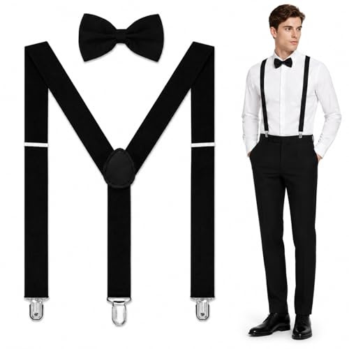 Y-Shape Suspenders and Bow Tie Set, Adjustable Elastic Straps with Strong Clips, One Size Fits Men and Women, Comfortable Durable Braces with Stylish Bow Tie for Work, Wedding, and Formal Wear