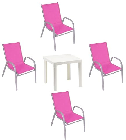 Hline Kinder Sitzgruppe Tisch + Gartenstuhl Stühle Sessel aus Metall Kinderstuhl in an Out (1 Tisch 4 Stühle rosa)