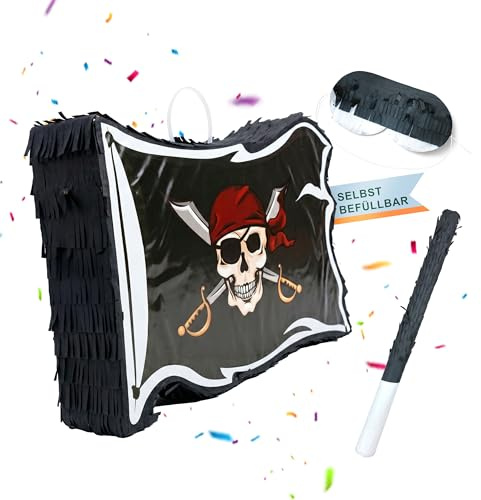 Relaxdays Pinata Piratenflagge, mit Stab & Maske, Partypinata Kinder, Geburtstag, zum Befüllen, HBT: 35x40x8 cm, schwarz