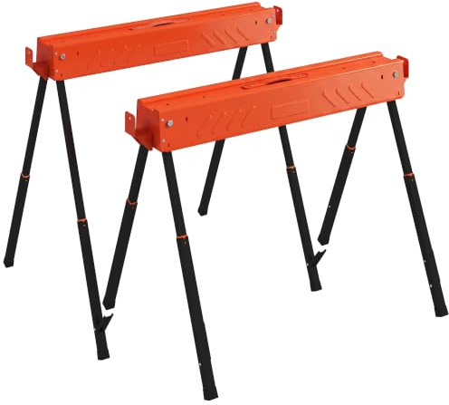 HOMCOM Saw Horses Twin Pack with Height Adjustable Legs, 500 kg, Orange | Folding Work Bench Sawhorses, 2x4 Bracket, Carry Handle, Non-Slip Feet, for Woodworking, Carpenter, DIY