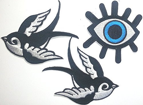 Aufnäher für Jeans Jacken Kleidung Bügelbilder Flicken Applikation Patches Aufbügler zum aufbügeln 3 Stk  Blaues Auge + zwei Schwalben 