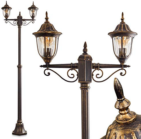 Lampada da esterno Ribadeo, candelabro in stile antico, fusione di alluminio in nero/oro con vetri, lampada da sentiero a 2 bracci 225 cm, lampada da giardino retrò/vintage, E27, IP44, senza lampadina