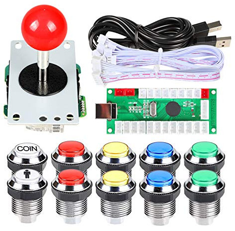 EG STARTS Arcade DIY Kit USB Encoder To PC Joystick + 8 Ways 5 Pin Stick + Chrome Plated LED Illuminated Push Button 1 Player & Coin Buttons For Arcade Mame Raspberry Pi 2 3 3B Games