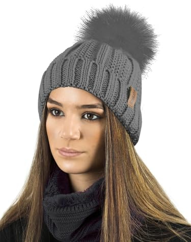 TOSKATOK Dam vinter ribbad frö söm mössa mössa mössa med varmt mysigt fleecefoder och stor fuskpäls pom pom, grå Hatt, one size