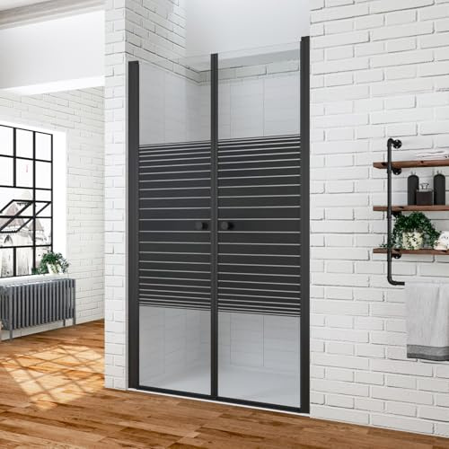 AQUABATOS Duschtür 110 cm breit Verstellbereich 108-111 cm Rahmenlos Pendeltür Dusche schwarz matt Nischentür Schwingtür 6 mm ESG Sicherheitsglas mit Querstreifen-Dekor NANO Beschichtung höhe 195 cm