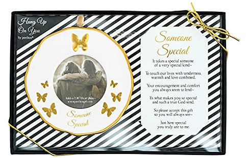 Pavilion - 4 Gold White Ornament Round 2.36 Photo Holder With Keepsake Card - Someone Special - Gift Ready Packaged Set