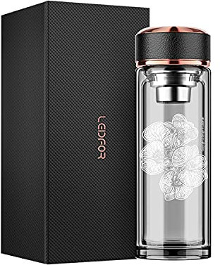 LEIDFOR Teebecher mit Teesieb – BPA-freier, doppelwandiger Glas-Reisebecher mit Edelstahlfilter – auslaufsichere Teeflasche mit Sieb für Fruchtwasser, 500 ml, Orchidee