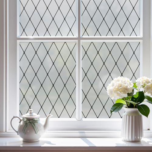 FEOMOS Fensterfolie Schwarze Gitter, Milchglasfolie, 90x300cm | Fensterfolie Statisch Haftend, Anti-UV, Blickschutzfolie Dekorfolie Sichtschutzfolie für Fenster, Tür, Glas-Trennwand