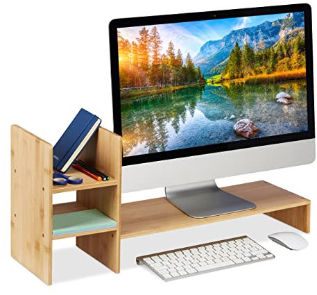 Relaxdays Monitorständer Bambus, Bildschirmerhöhung für Schreibtisch, HBT: 30 x 67 x 20 cm, ergonomisch, 4 Fächer, natur