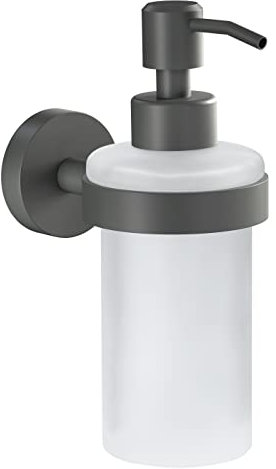 tesa Moon Grey Seifenspender, matt grau, Pumpspender aus satiniertem Glas, 200 ml - für Bäder im Industrial Style und Moderne Badezimmer - bohrfrei, inkl. Klebelösung - 70mm x 171mm x 119mm
