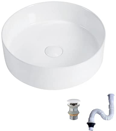KINGWONG 14 Inch Small Vessel Sink for Bathroom - Round Countertop Modern Above Counter White Ceramic Porcelain Vanity Sink Basin for Cabinet 14 x 14