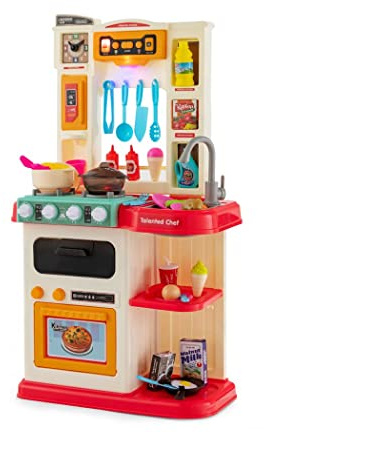 COSTWAY Kids Kitchen Playset, Toddler Pretend Play Toy Set with 65 Pcs Accessories, Realistic Lights & Sounds, Sink, Steam Simulation, Indoor Cooking Play Kitchen for Children (Pink)