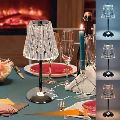 Amingulry Cordless Table Lamp, 4000mAh Rechargeable Battery Operated Lamp, 3 Color Modes & Stepless Dimmable LED Touch Lamp, Portable Crystal Metal Beside Lamps for Bedroom Restaurant(Silver Chrome)
