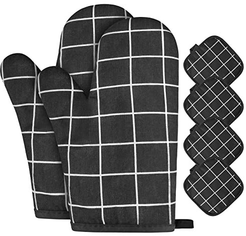 AUAUY Oven Mitts and Potholders BBQ Gloves-Oven Mitts and Pot Holders with Recycled Infill Cotton Non-Slip Cooking Gloves for Cooking Baking Grilling (6-Piece Set,Black)