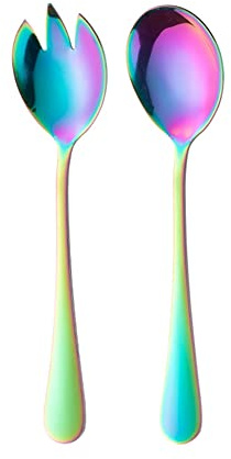 SHTGOI Salatbesteck Set aus Edelstahl Salatgabel Salatlöffel Metall Gabel Löffel Servierlöffel Für Hotelbuffet Abendessen Bankett Restaurants Obstsalat Campingbesteck Regenbogen