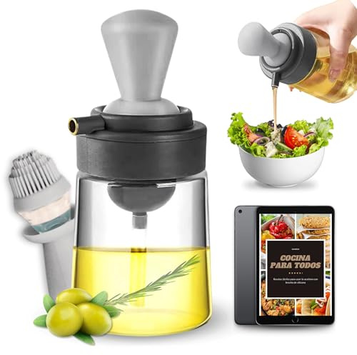 CAVECA Aceitera Dispensador de Aceite con Brocha Silicona + Regalo, AHORRA ACEITE con Aceitera Cristal 350ml, Dosificador 3 en 1, Aceitero con Dispensador Aceite, Difusor de Aceite para Cocina.