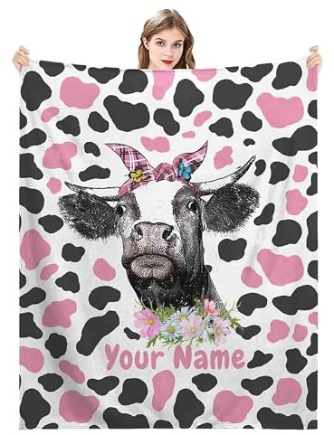 ZQYMM Personalisierte Babydecke mit Namen und Geburtsdatum - Cartoon-Tiere Kuh Motiv - Kuscheldecke Flauschig Flanell für Jungen und Mädchen - Geschenk zur Geburt