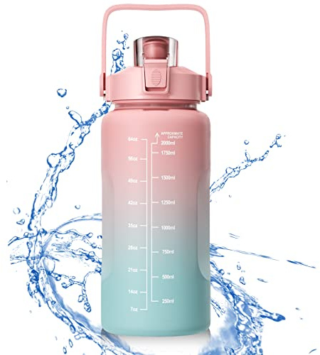 newaner Vattenflaska 2 liter, vattenflaska med skala, BPA-fri vattenflaska läckagesäker, lätt och återanvändbar, lämplig för sport, viktminskning, utomhus, fitness, vandring (rosa)