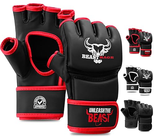 BEASTRAGE MMA-handskar för män och kvinnor, kampsportsmössor Grappling Sparring, ventilerad handflata, VEGAN-läder, Cage Fighting, Muay Thai, Kickboxning, Boxningsväska, Boxning, Kickboxning