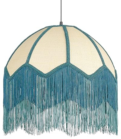 Hängelampe Papierschirm natürlich oval mit Fransen blau Retro Stil Milagro
