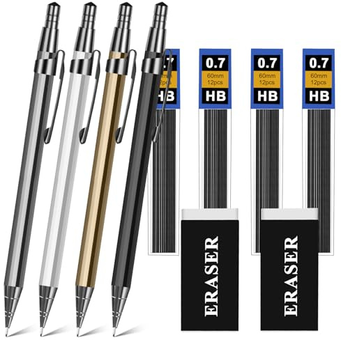 OFFCUP Matite Meccaniche Set, 4pz 0.7mm Portamine in Metallo, Art Matite Portamine con 4 Tubo HB Mine, 2 Gomma Art con Mine per Artista Studenti Bambino Disegno Scrittura Schizzi