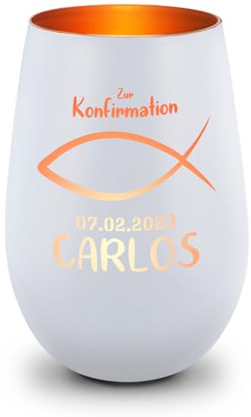 GRAVURZEILE Deko Windlicht aus Glas mit Gravur - Fisch - Zur Kommunion Konfirmation & Taufe - Personalisiert mit Anlass Name Datum - Personalisierte Geschenke für Mädchen & Jungen - Weiß/Bronze