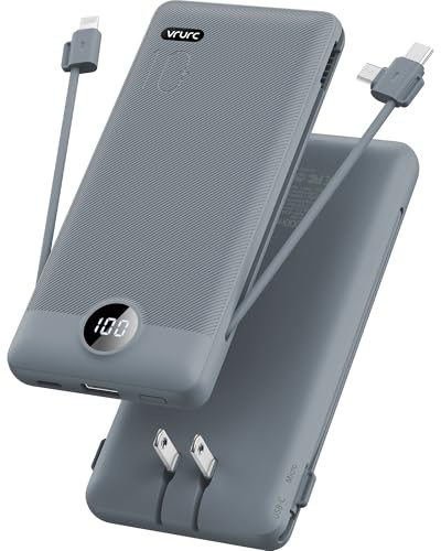 VRURC Portable Charger Built-in Cables and AC Wall Plug, USB C Power Bank 10000mAh, Travel Battery Portable Phone Charger Compact Lightweight External Battery Pack for Smart Phones, Tablets etc-Grey