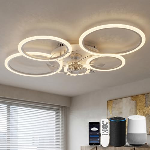 KeLuKes Deckenventilator mit Beleuchtung Kompatibel mit Alexa und Google Assistant, 100cm Deckenleuchte mit Ventilator Wohnzimmer, Leise Timer Dimmbar Reversible Ring Ventilator, Weiß