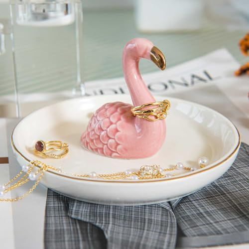 TOPSKINOY Flamingo-Ringhalter, Keramik-Schmucktablett für Halskette, Schlüsselanhänger, Organizer, niedlich, lustig, Geburtstag, Hochzeit, Muttertag, Geschenk für Frauen, Freunde, Mädchen