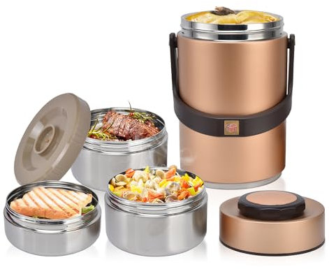 Edelstahl Thermo Lunchbox, 2,3 Liter Essen Lunch Pot, 3 Etagen Doppelwand Isoliert Lunchbehälter für Warme Speißen, Mahlzeiten, Babynahrung, Suppe, Mittagessenzum Büro, Picknick im Freien(Gold)