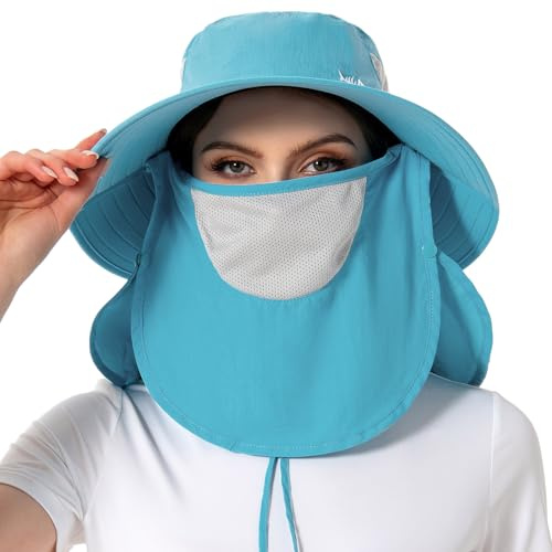 Bassdash Sonnenhut Fischerhut UPF 50+ Breiter Krempe Wanderhut mit abnehmbarem Gesichtsschutz und Nackenklappe Atmungsaktiver Unisex Wasserfester Angelnhut für Damen Herren