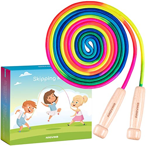 Arovina Springseil Kinder, 5M Langes Springseil für Kinder Verstellbarer Holzgriff 7 Farben Regenbogen Springseil für Jungen&Mädchen Outdoor Übungen, Ideal für Geburtstag Kindertag